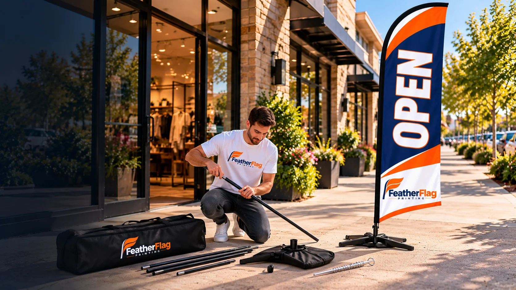 Business owner setting up a branded FeatherFlag feather flag kit outside a storefront