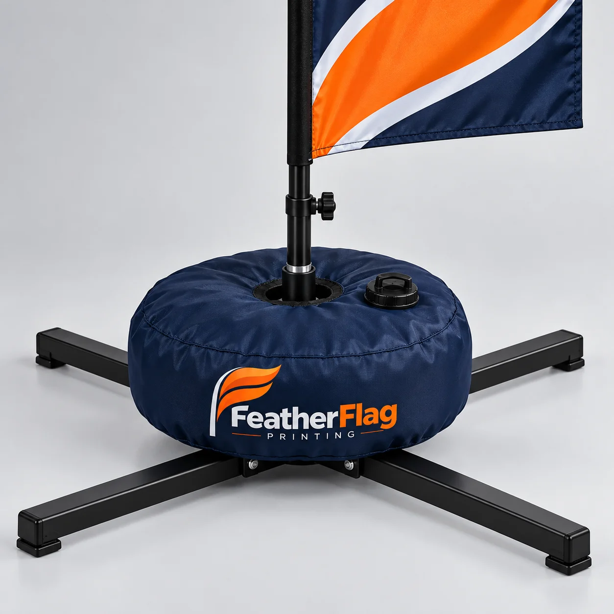 Business owner setting up a branded FeatherFlag feather flag kit outside a storefront
