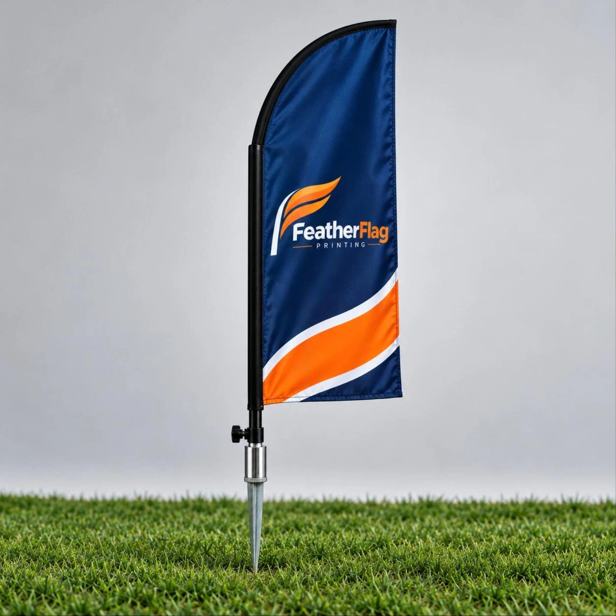 Business owner setting up a branded FeatherFlag feather flag kit outside a storefront