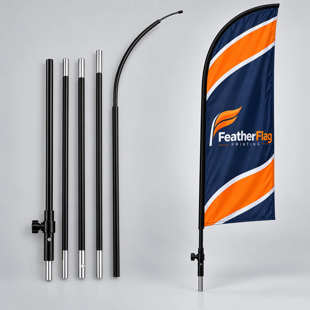 Business owner setting up a branded FeatherFlag feather flag kit outside a storefront