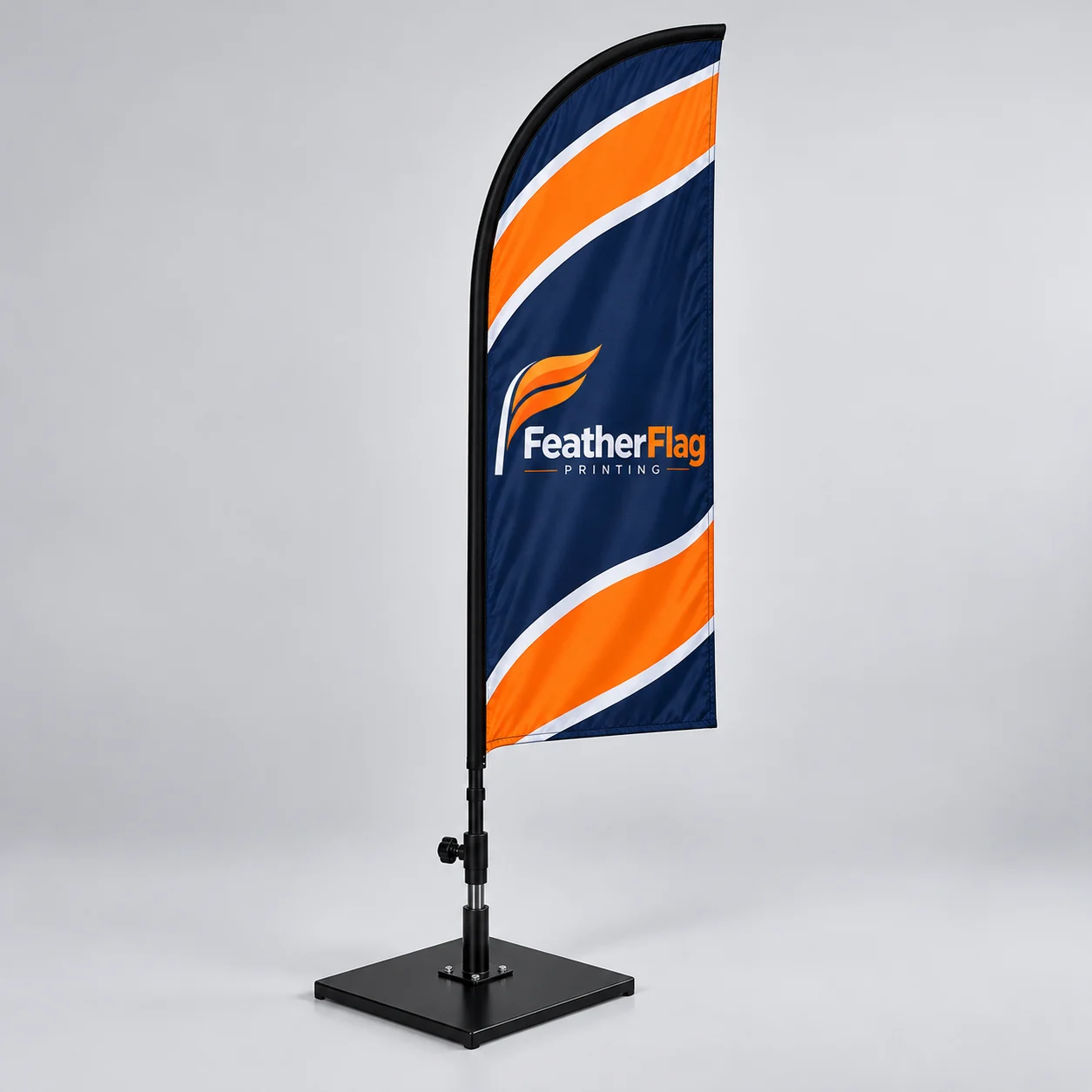 Business owner setting up a branded FeatherFlag feather flag kit outside a storefront