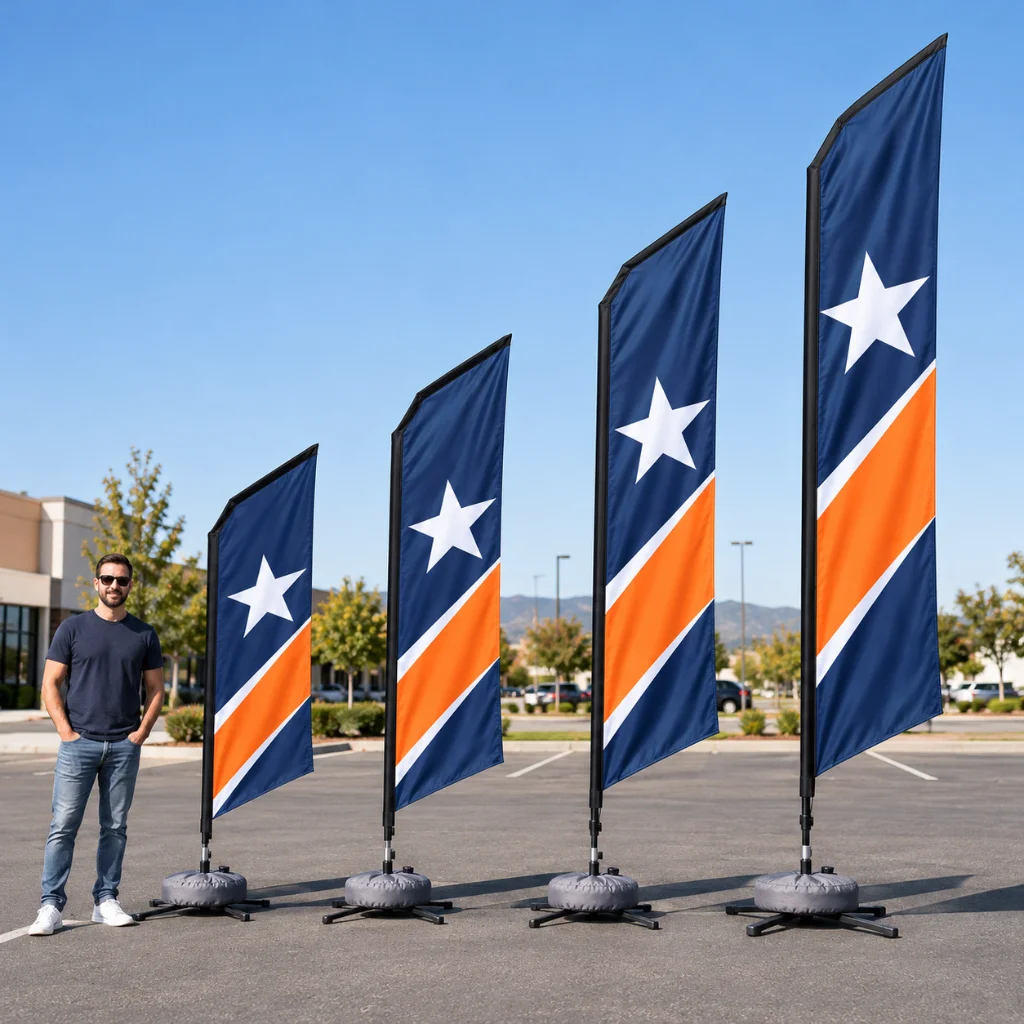Angled flag sizes 9, 10.5, 14 and 18 ft next to a person