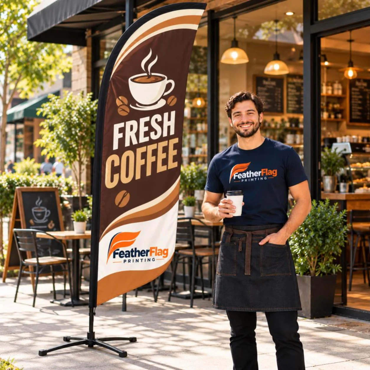 Convex flag with ground stake outside a coffee shop
