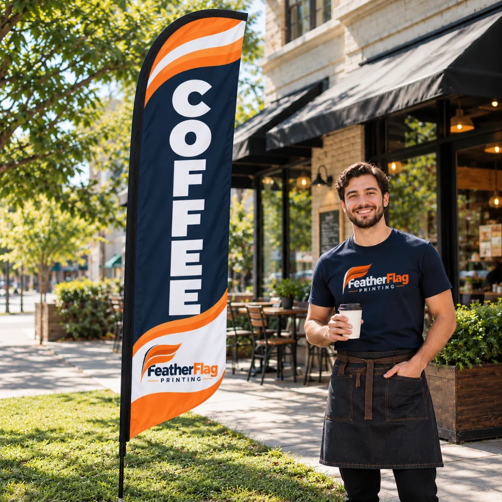 Custom feather flag on a cross base outside a coffee shop