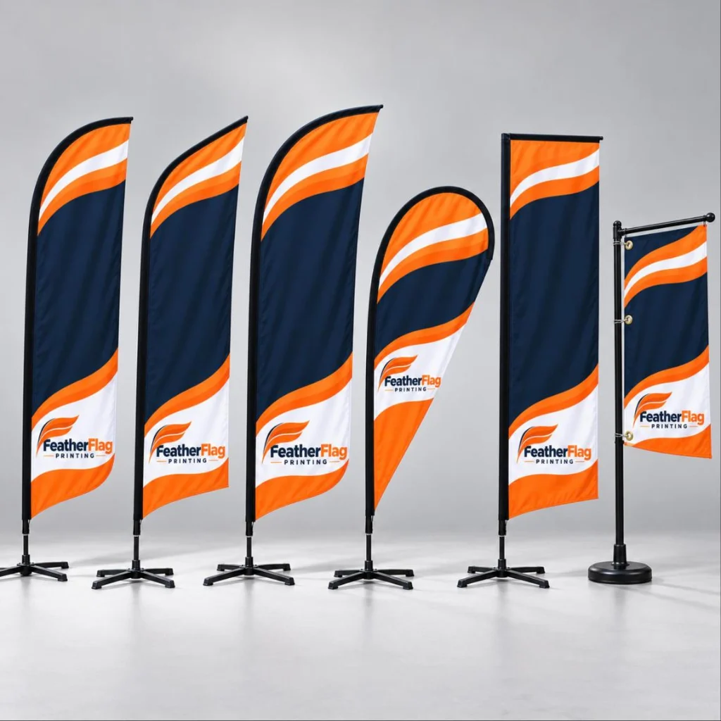 Feather, teardrop, angled, rectangle and convex flags with one brand design