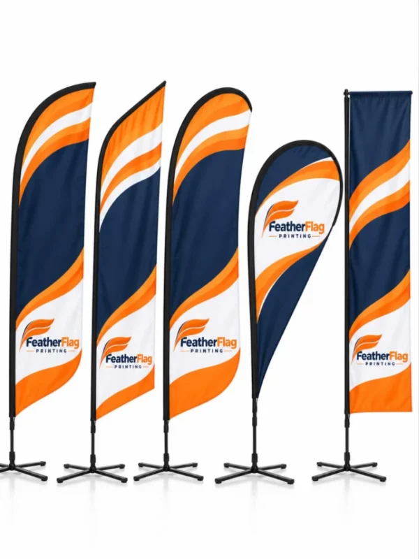 Custom feather, teardrop, angled, convex and rectangle flags on cross bases and ground stakes