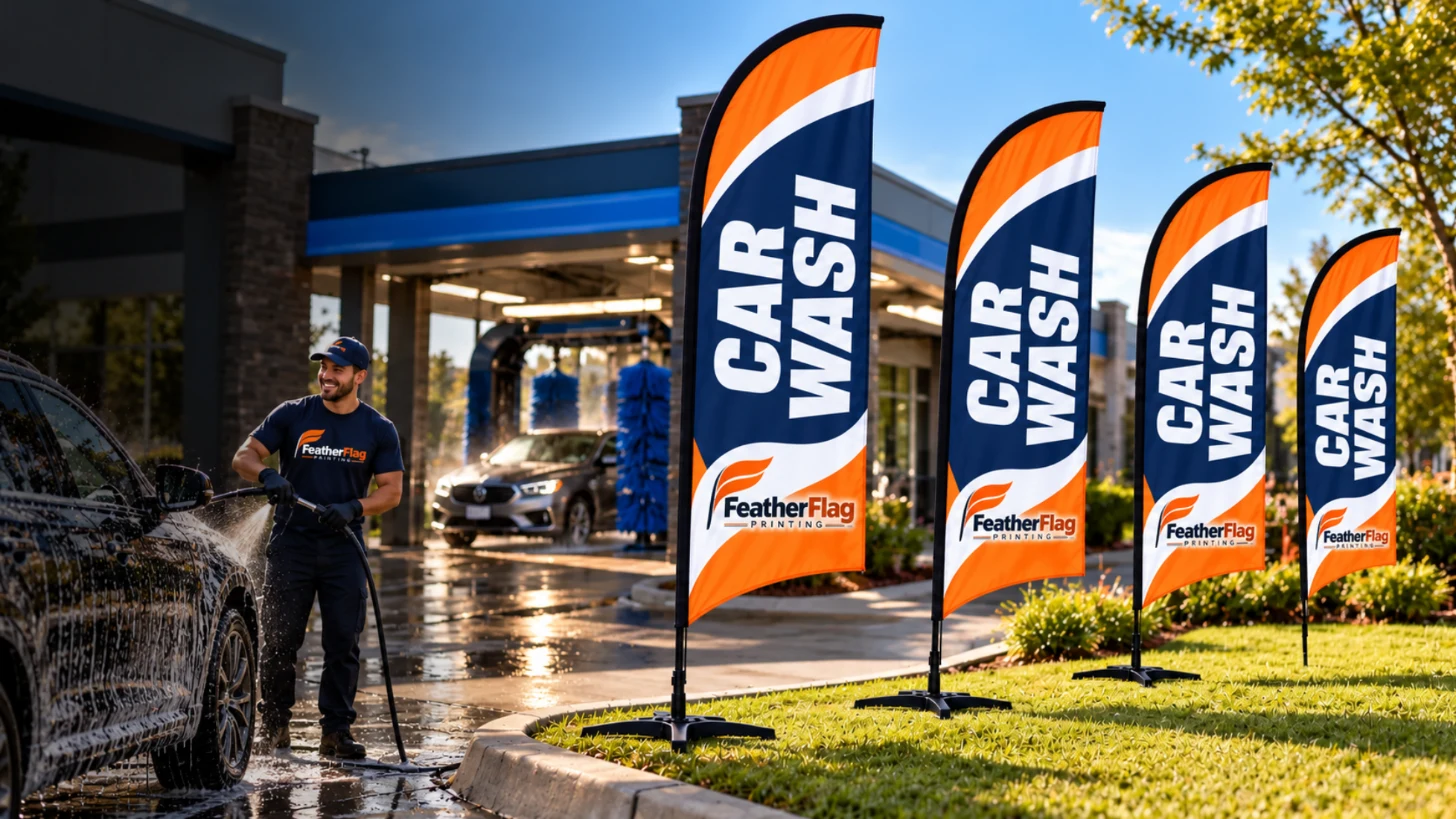 FeatherFlag Printing staff washing a car next to custom Car Wash feather flags