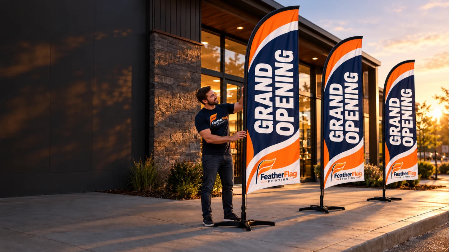 FeatherFlag Printing staff setting up custom Grand Opening feather flags outside a storefront