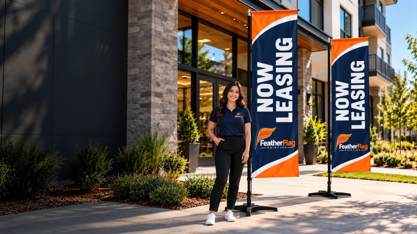 Leasing agent in a FeatherFlag Printing polo next to Now Leasing rectangle flags
