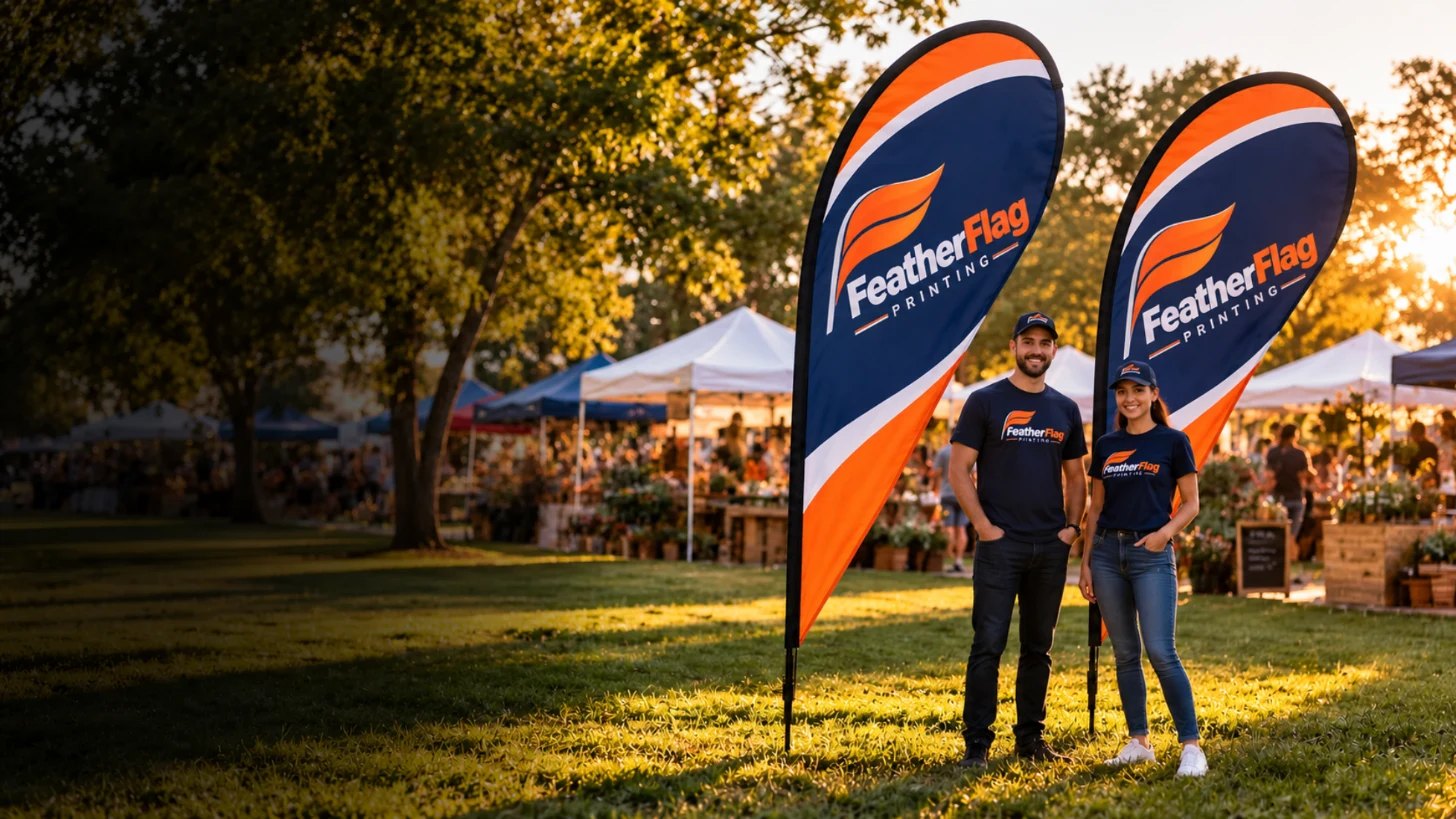 FeatherFlag Printing team at an outdoor event with branded teardrop flags