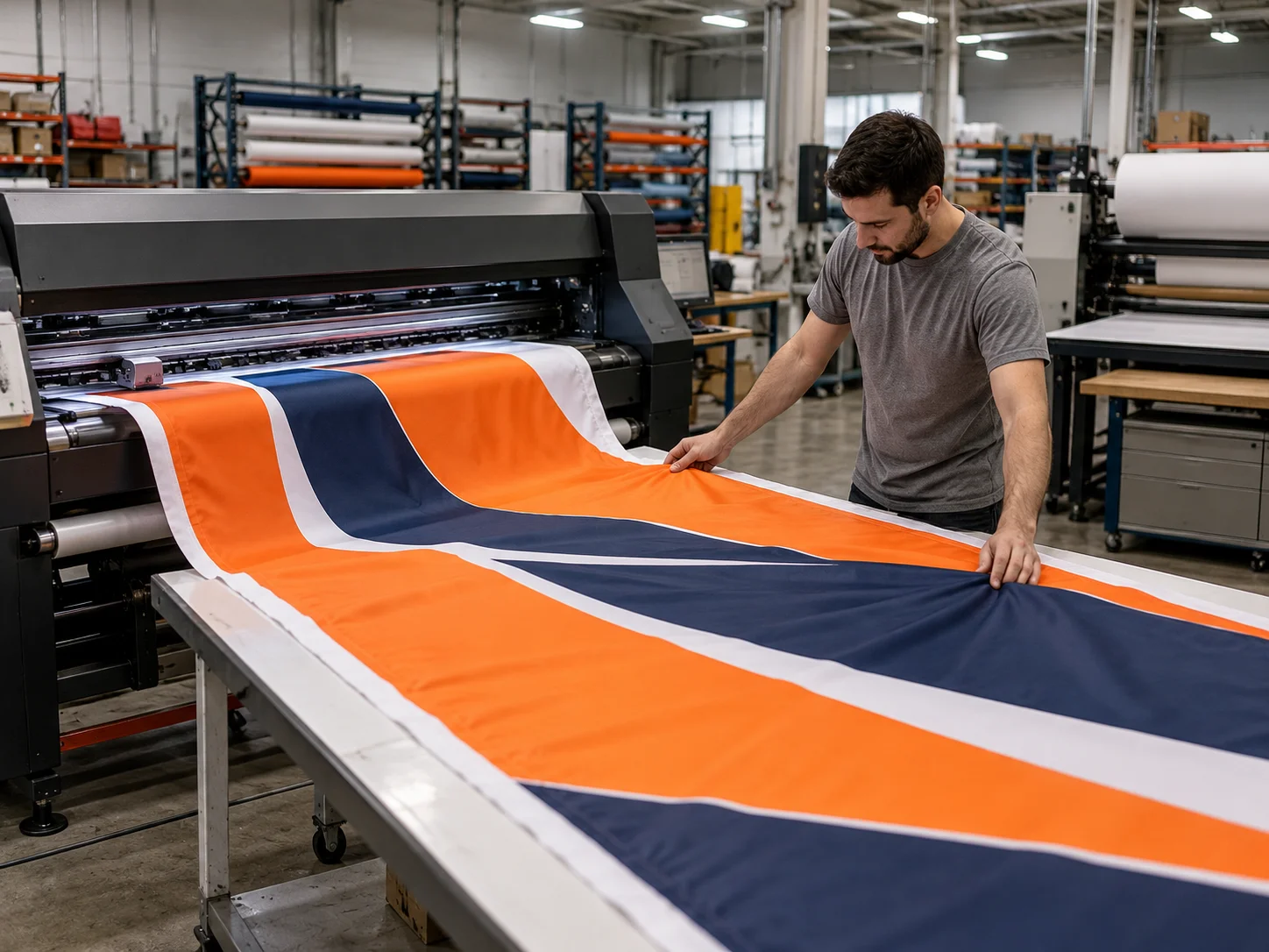 Printed flag fabric being checked before shipping