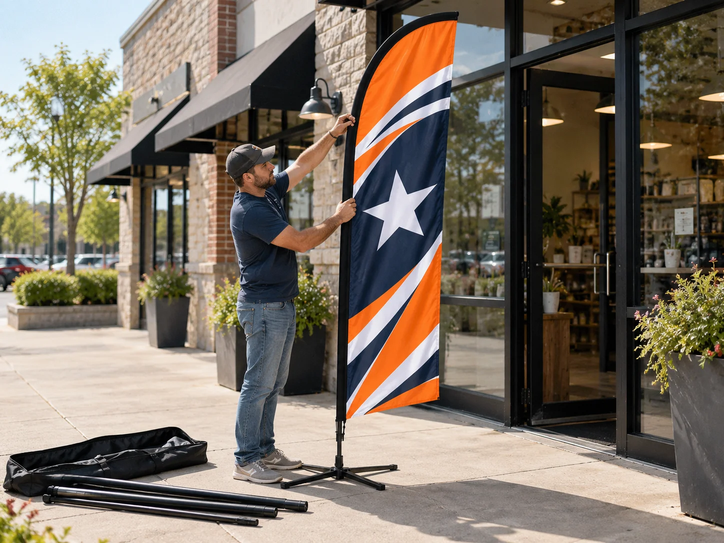 Setting up a flag on a cross base outside a shop