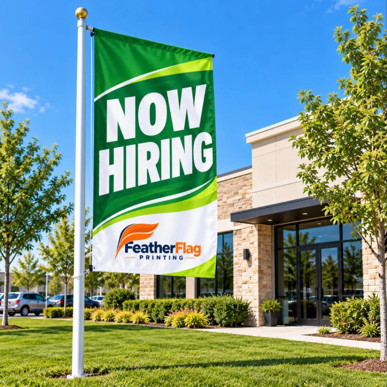 Custom printed flag flying on a flagpole outside a business