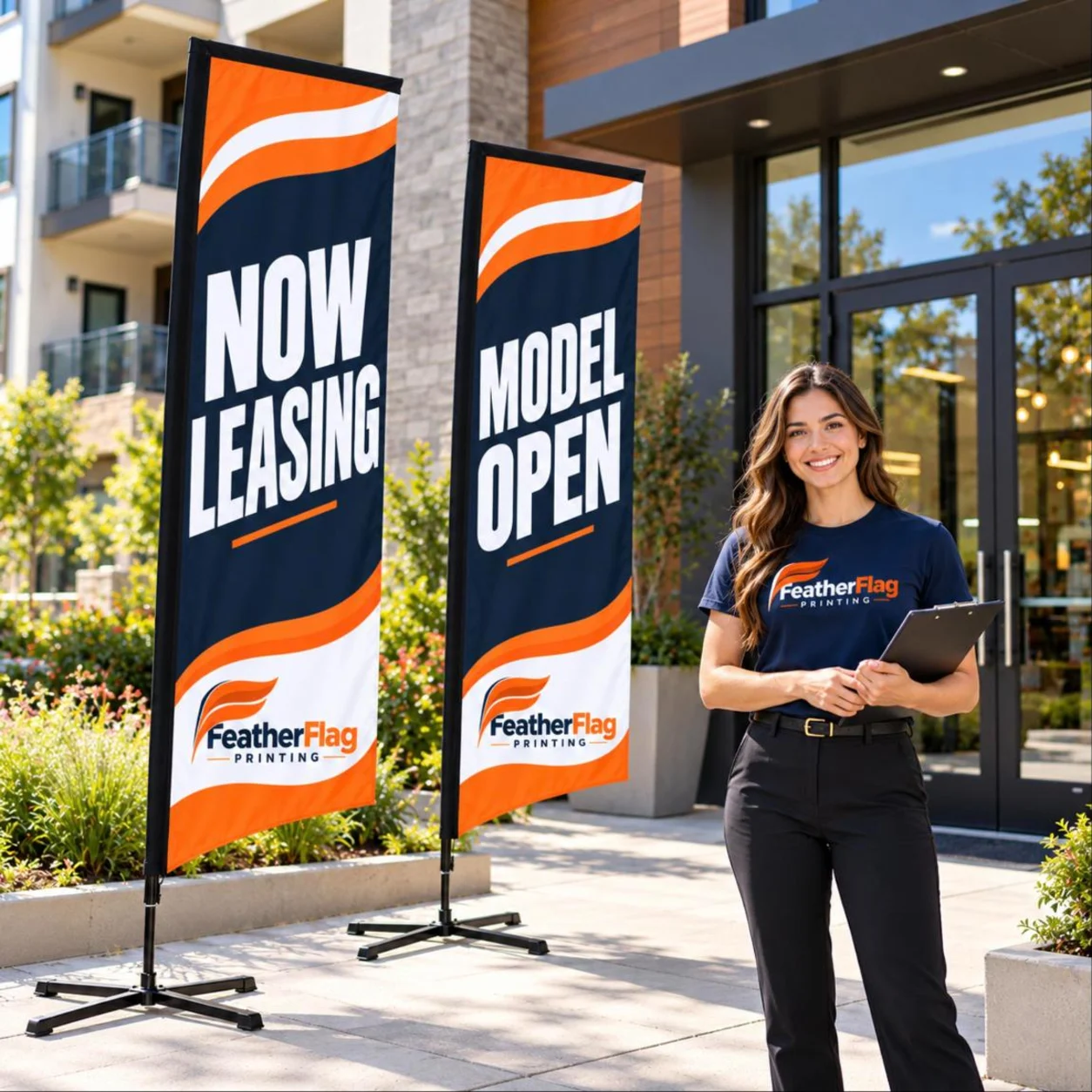 Two custom rectangle flags on cross bases at an apartment leasing office