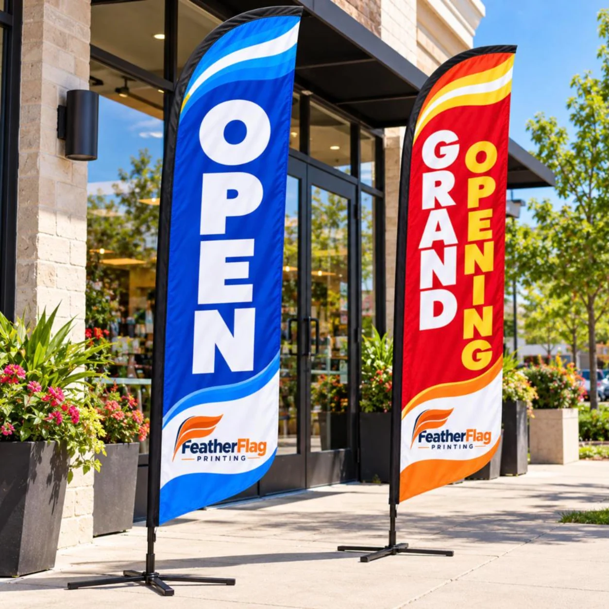 OPEN and GRAND OPENING stock feather flags outside a boutique