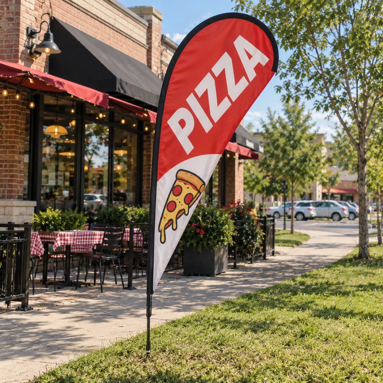 Custom teardrop flag with ground stake outside a pizza restaurant